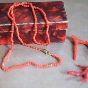 Ketting met kleine bloedkoraal kraaltjes en gouden kralen en goud slotje